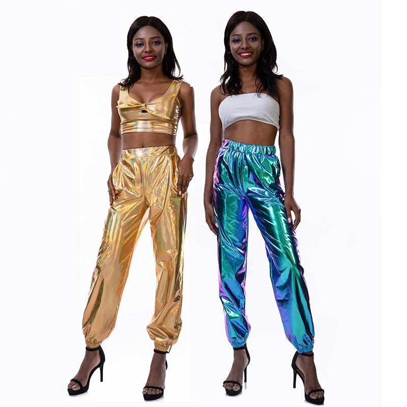 Pantalones deportivos casuales de calle, hip hop, fiesta, brillantes y coloridos, con holograma láser, holgados, para mujer