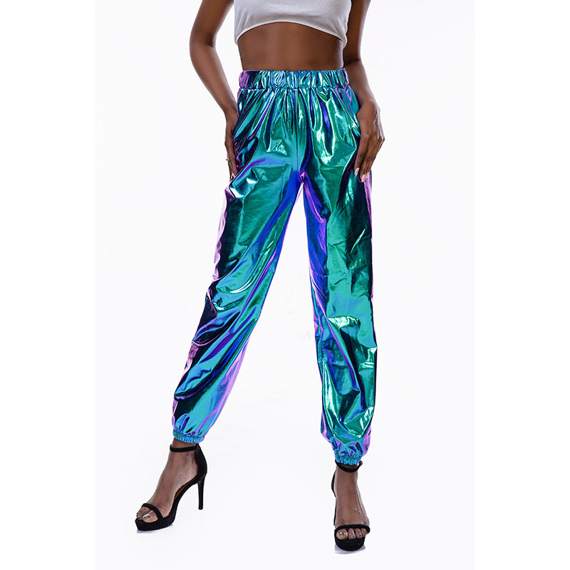 Pantalones deportivos casuales de calle, hip hop, fiesta, brillantes y coloridos, con holograma láser, holgados, para mujer
