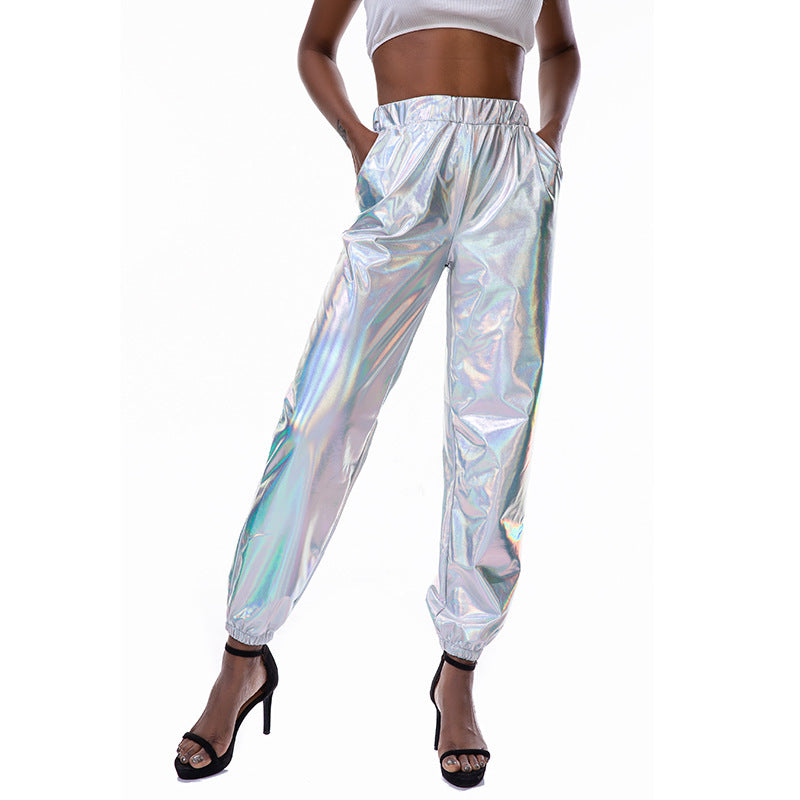 Pantalones deportivos casuales de calle, hip hop, fiesta, brillantes y coloridos, con holograma láser, holgados, para mujer