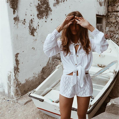 Camisa de encaje con costuras, pareo playero, cárdigan sexy para vacaciones, pareo de bikini