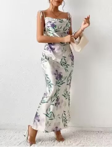 Summer Printed Satin Strap Dress Lace up Backless Sexy Dress ILLUSION V