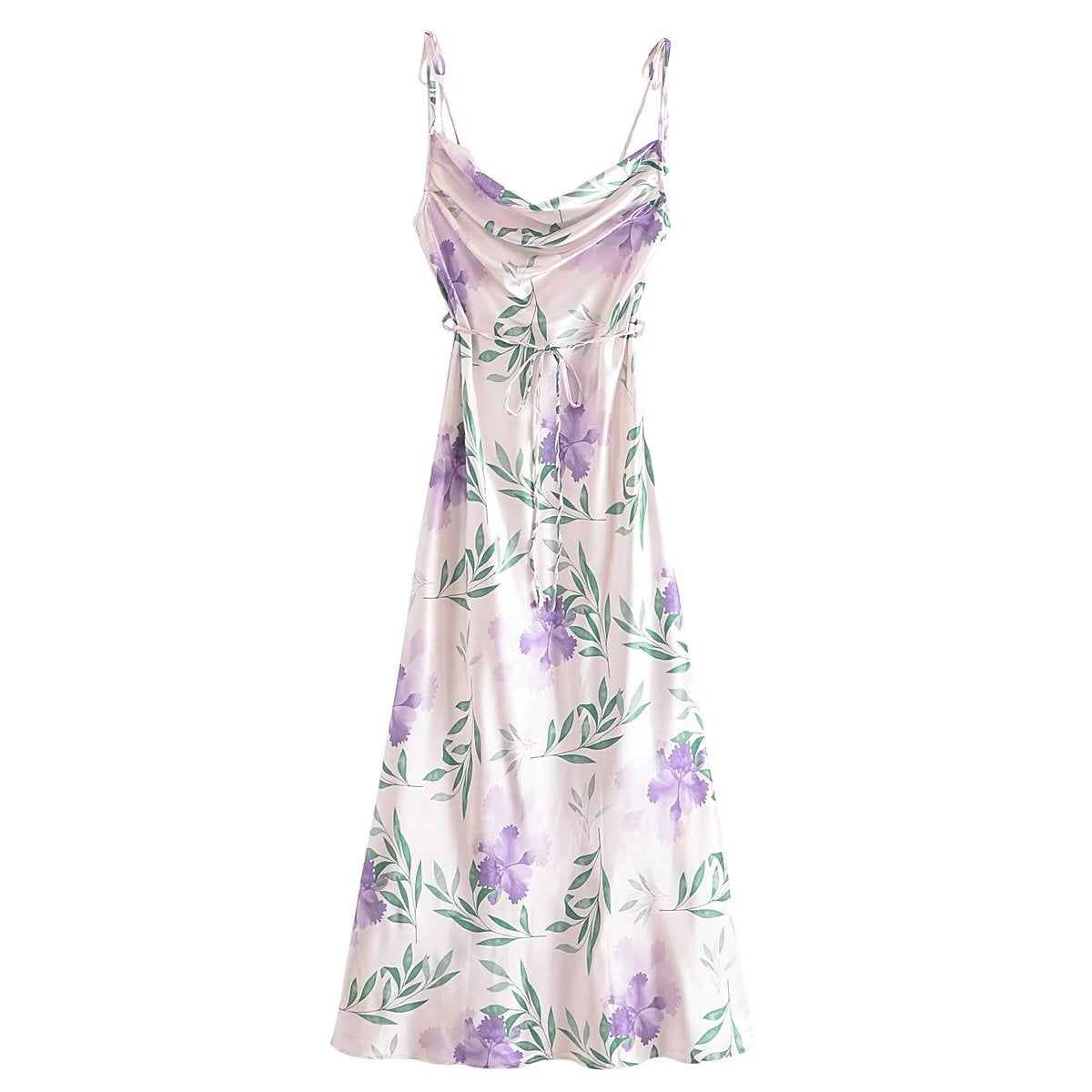 Summer Printed Satin Strap Dress Lace up Backless Sexy Dress ILLUSION V