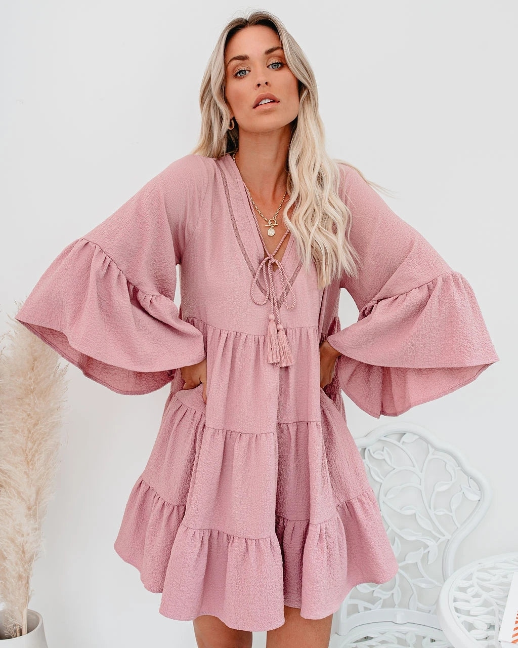 Women Summer New Lace Tassel Lace Patchwork Ruffled Dress CC