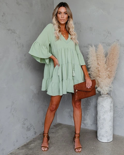 Women Summer New Lace Tassel Lace Patchwork Ruffled Dress CC