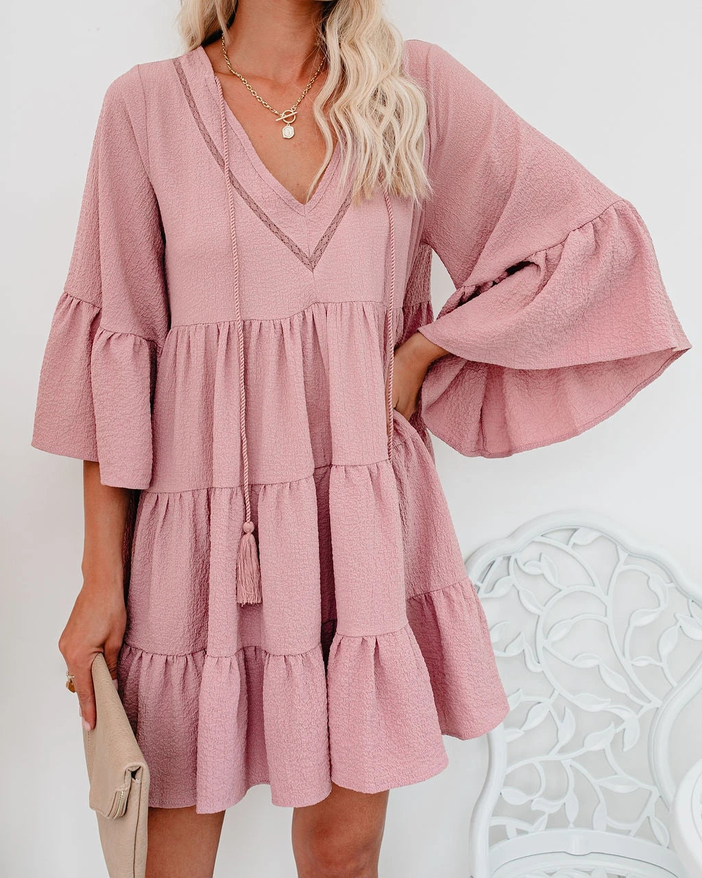 Women Summer New Lace Tassel Lace Patchwork Ruffled Dress CC