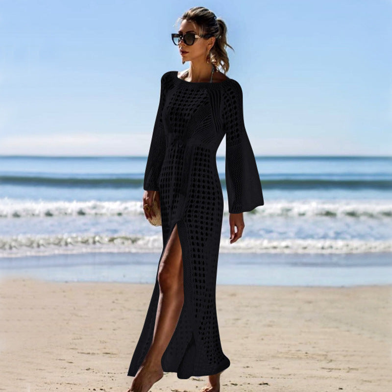 Vestido playero de punto con aberturas laterales, sexy, de manga larga, para vacaciones, para playa, con protección solar, con gancho de crochet.