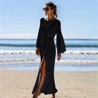 Vestido playero de punto con aberturas laterales, sexy, de manga larga, para vacaciones, para playa, con protección solar, con gancho de crochet.