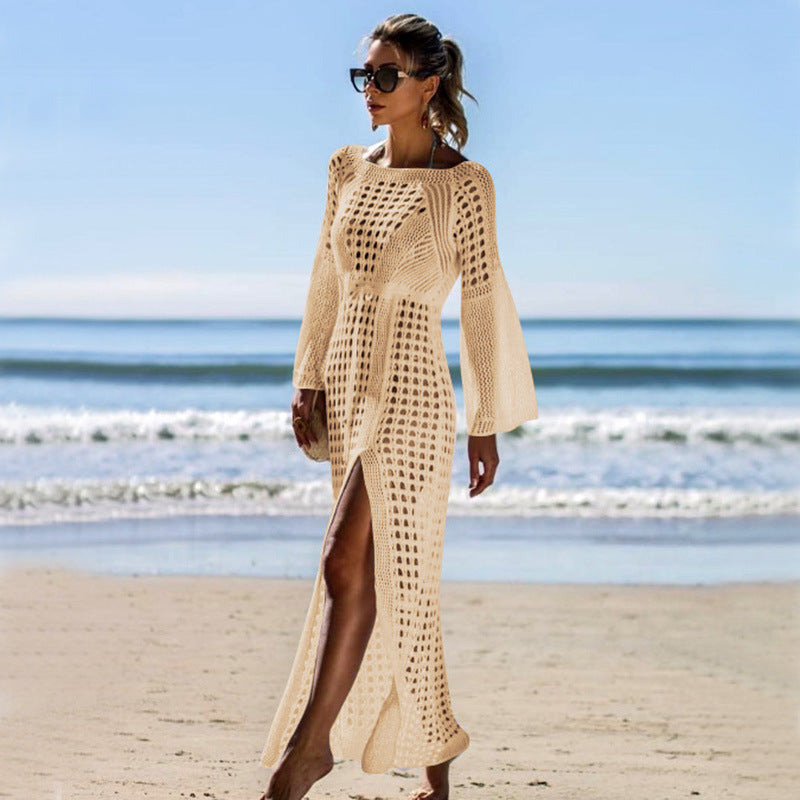 Vestido playero de punto con aberturas laterales, sexy, de manga larga, para vacaciones, para playa, con protección solar, con gancho de crochet.