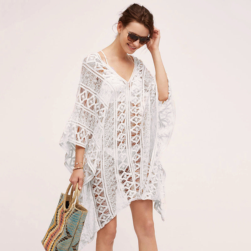 Cotton Hollow Out Cutout Sweater Spring Vacation Loose Bikini Cover Up Swimsuit Blouse Beach Sun Protection Clothing Crochet hook EvenStar