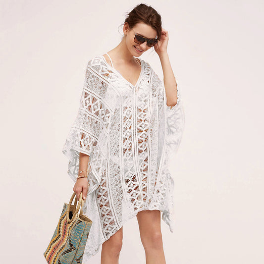 Cotton Hollow Out Cutout Sweater Spring Vacation Loose Bikini Cover Up Swimsuit Blouse Beach Sun Protection Clothing Crochet hook