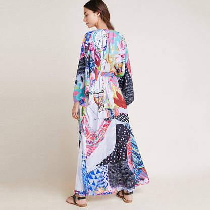 Rayon Printed Mid Length Beach Sun Protection Cardigan Beach Cover Up Swimsuit Outwear Shawl