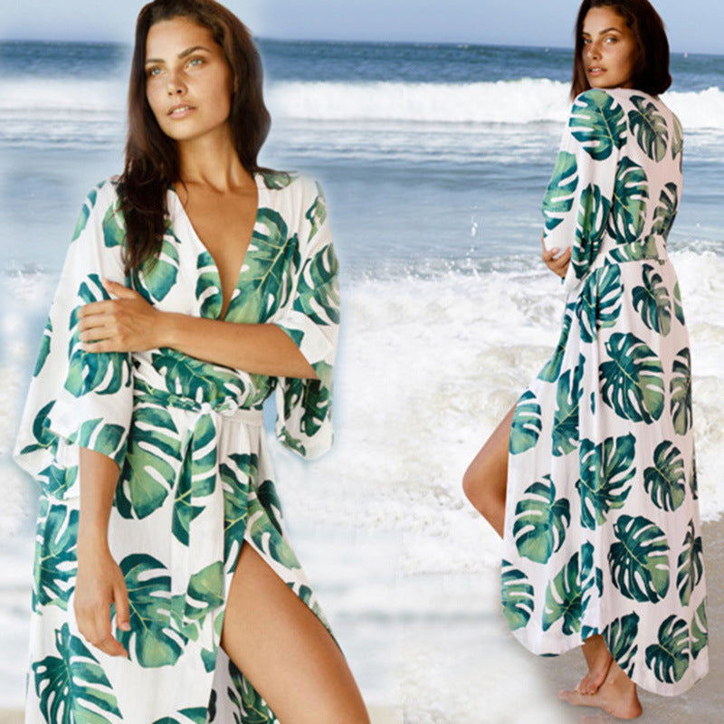 Chaqueta de bikini holgada de rayón con hojas de plátano japonesas, protector solar, para playa, traje de baño, prendas de vestir exteriores, cárdigan para mujer