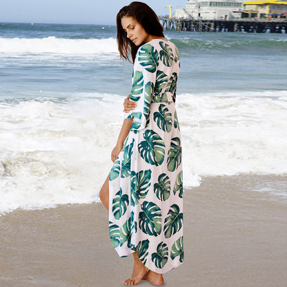 Chaqueta de bikini holgada de rayón con hojas de plátano japonesas, protector solar, para playa, traje de baño, prendas de vestir exteriores, cárdigan para mujer