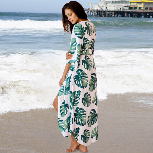 Chaqueta de bikini holgada de rayón con hojas de plátano japonesas, protector solar, para playa, traje de baño, prendas de vestir exteriores, cárdigan para mujer
