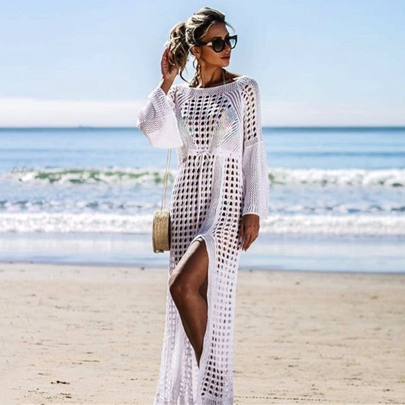 Vestido playero de punto con aberturas laterales, sexy, de manga larga, para vacaciones, para playa, con protección solar, con gancho de crochet.