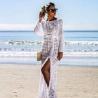 Vestido playero de punto con aberturas laterales, sexy, de manga larga, para vacaciones, para playa, con protección solar, con gancho de crochet.