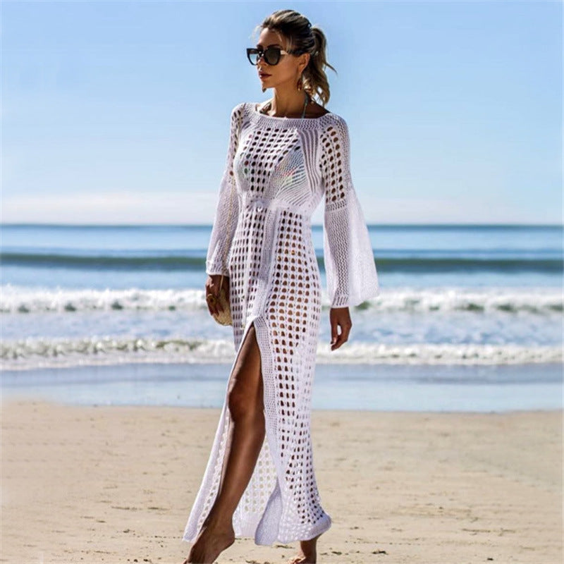 Vestido playero de punto con aberturas laterales, sexy, de manga larga, para vacaciones, para playa, con protección solar, con gancho de crochet.