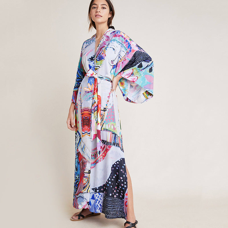 Cárdigan de playa de longitud media con estampado de rayón, protector solar, para playa, para cubrirse, traje de baño, ropa exterior, chal