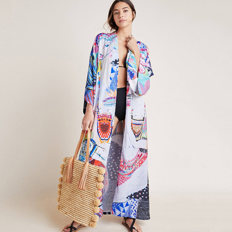 Cárdigan de playa de longitud media con estampado de rayón, protector solar, para playa, para cubrirse, traje de baño, ropa exterior, chal