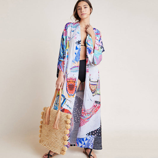 Rayon Printed Mid Length Beach Sun Protection Cardigan Beach Cover Up Swimsuit Outwear Shawl