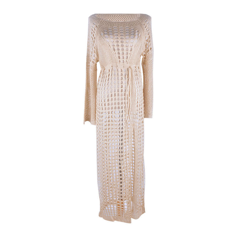 Vestido playero de punto con aberturas laterales, sexy, de manga larga, para vacaciones, para playa, con protección solar, con gancho de crochet.