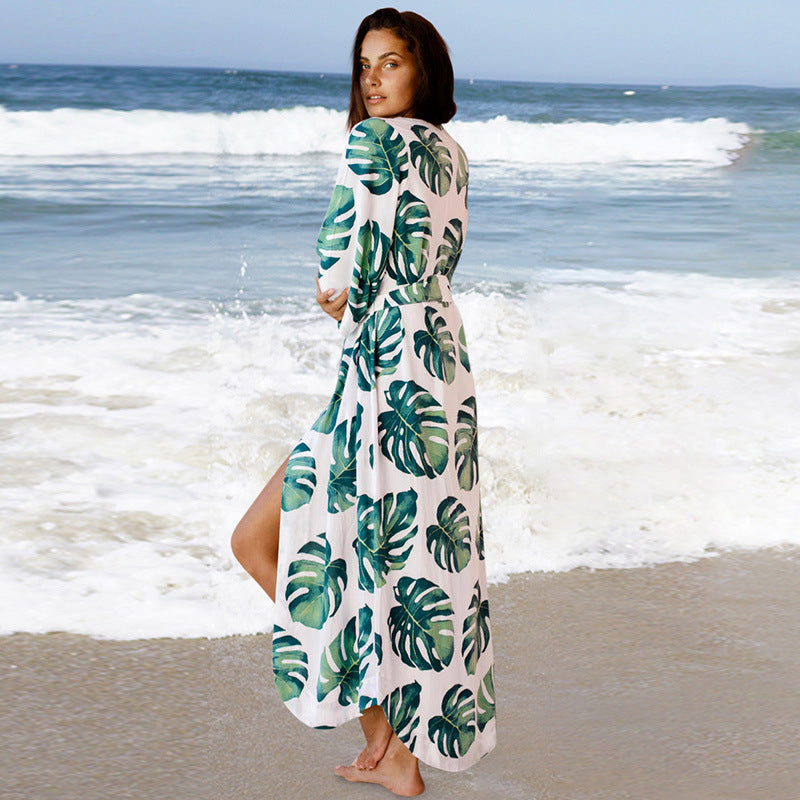 Chaqueta de bikini holgada de rayón con hojas de plátano japonesas, protector solar, para playa, traje de baño, prendas de vestir exteriores, cárdigan para mujer