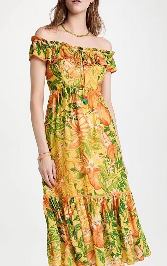 Women Clothing French High Waist Slimming Two Way Lace Chiffon Printed Dress