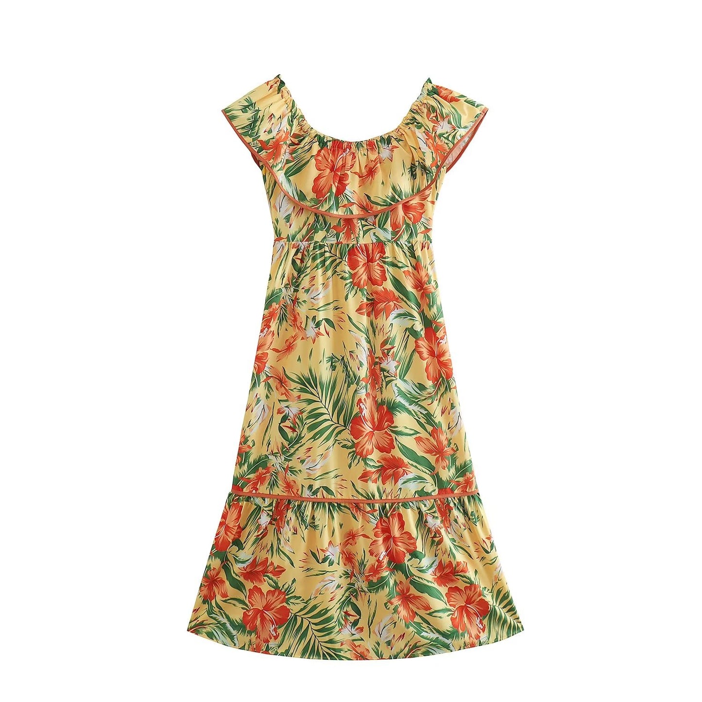 Women Clothing French High Waist Slimming Two Way Lace Chiffon Printed Dress