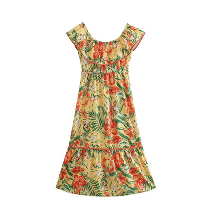 Women Clothing French High Waist Slimming Two Way Lace Chiffon Printed Dress