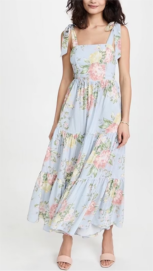 Women Clothing French High Waist Slimming Printed Backless Lace up Back Bow Tie Dress