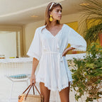 Rayon V neck Lace up Beach Beach Cover Up Seaside Vacation Swimsuit Sun Protection Clothing for Women EvenStar