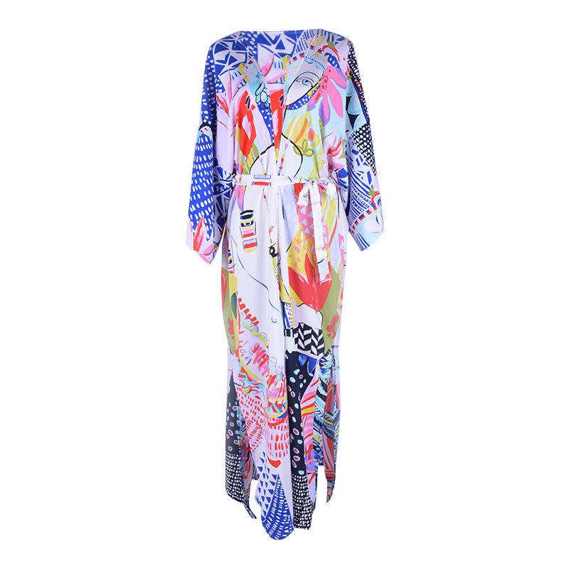 Cárdigan de playa de longitud media con estampado de rayón, protector solar, para playa, para cubrirse, traje de baño, ropa exterior, chal
