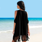Blusa de bikini holgada de algodón con hombros descubiertos y estampado de borlas para playa, abrigo, protección solar
