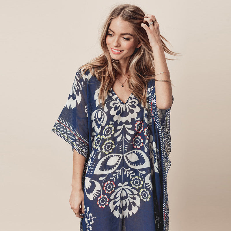 Navy Blue Positioning Floral Chiffon V neck Loose Beach Cover Up Beach Dress Swimwear Cover up Women Cover EvenStar