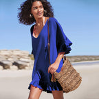 Slub Cotton V Neck Bikini Cover Up Beach Cover Up Vacation Swimsuit outside Overclothes Women Sun Protection EvenStar