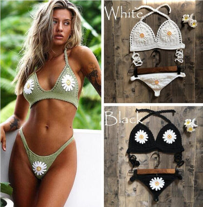 Handmade Woven Hollowed Knitted Women Sexy Bikini Split Swimsuit Set