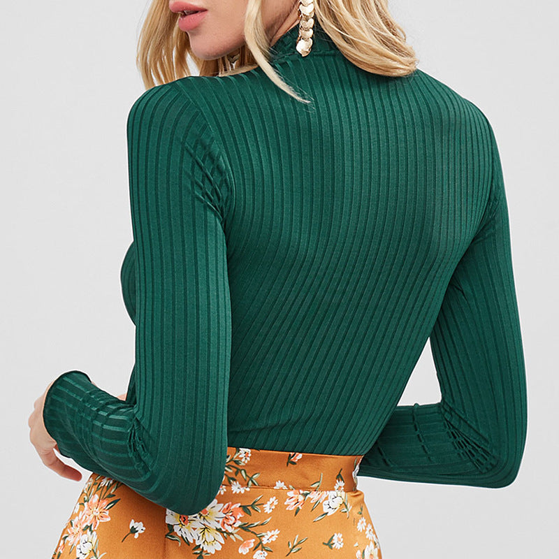 Suéter corto de punto de manga larga para mujer, color liso, cuello medio alto, corte entallado, para otoño e invierno