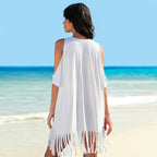 Blusa de bikini holgada de algodón con hombros descubiertos y estampado de borlas para playa, abrigo, protección solar