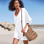 Slub Cotton V Neck Bikini Cover Up Beach Cover Up Vacation Swimsuit outside Overclothes Women Sun Protection EvenStar
