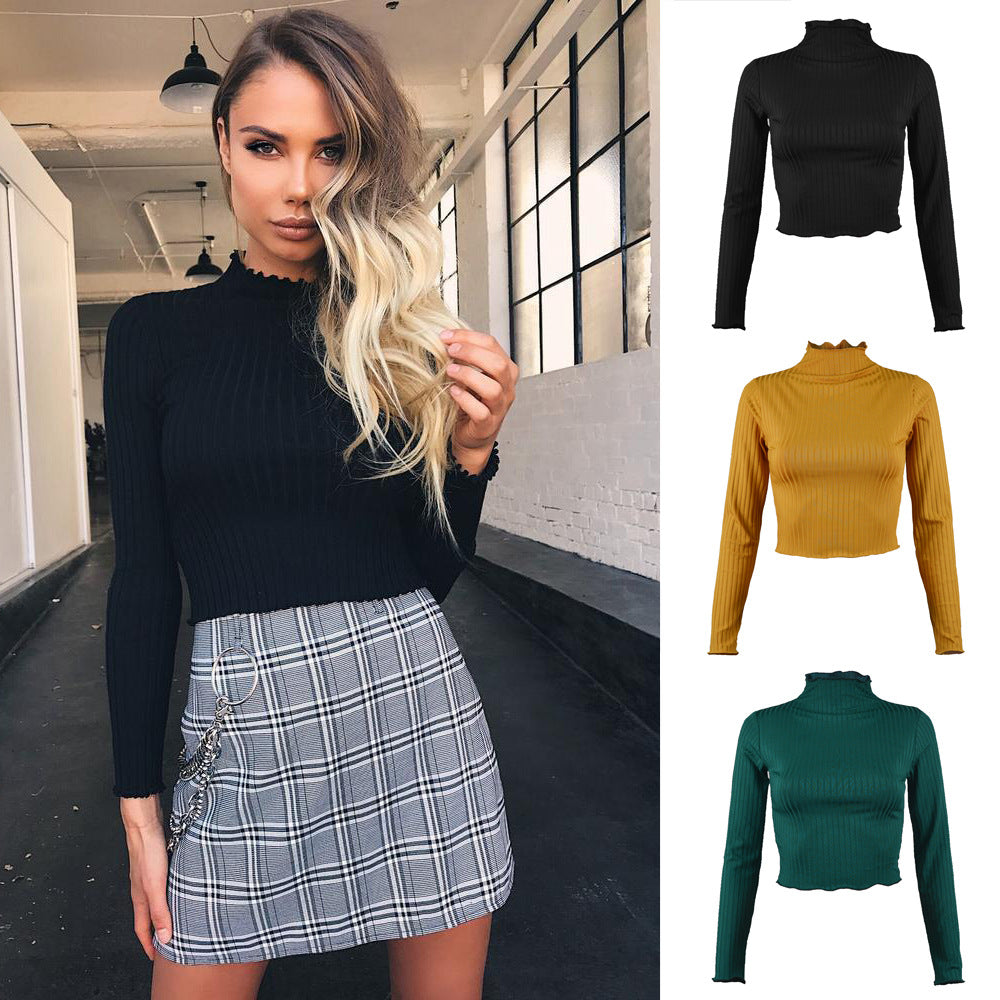 Suéter corto de punto de manga larga para mujer, color liso, cuello medio alto, corte entallado, para otoño e invierno
