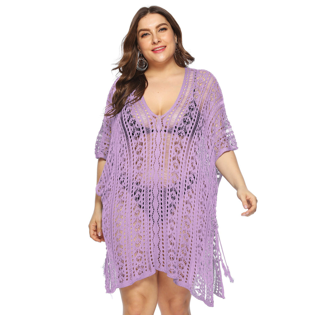 Women Clothing Sexy See through Hollow Out Cutout Batwing Sleeve V neck Irregular Asymmetric Slit Beach Cover up Dress Women Oyimi