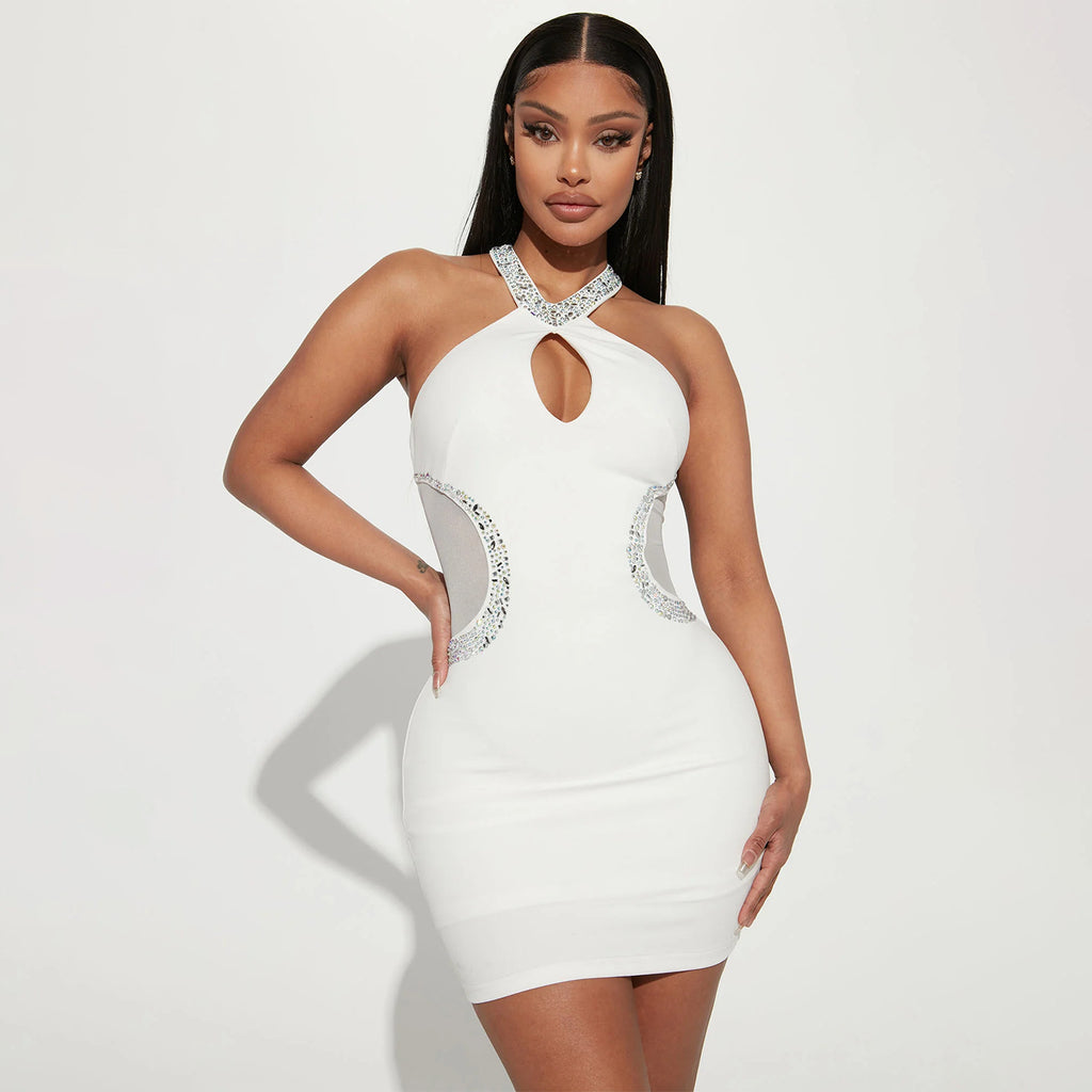 Vestido de verano para mujer, sexy, ajustado, con aberturas y escote halter con diamantes de imitación.