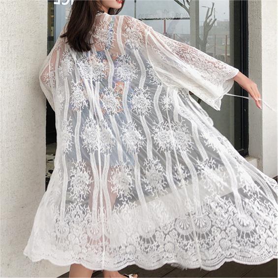 Bohemian Vacation Beach Sun Protection Clothing Women Summer Seaside Beach Cover Up Lace Cardigan Coat YTCYZ