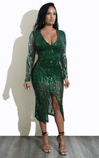 Vestido sexy de manga larga con escote en V profundo y lentejuelas abiertas para discoteca
