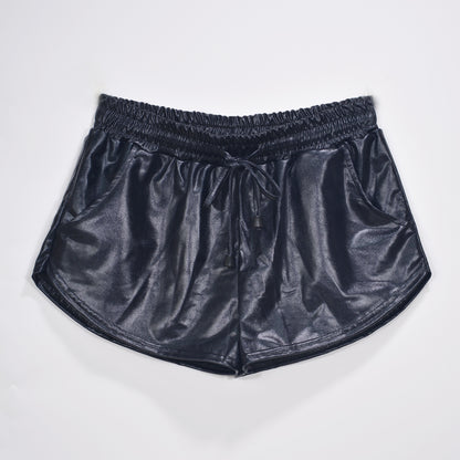 Pantalones cortos de cuero con encaje elástico, de color sólido y tejido recubierto metálico, a juego, de charol, sexys, para mujer