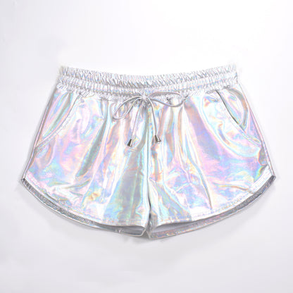 Pantalones cortos de cuero con encaje elástico, de color sólido y tejido recubierto metálico, a juego, de charol, sexys, para mujer