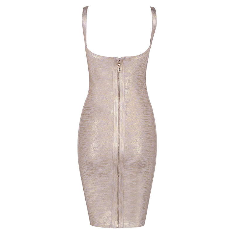 New Summer Women Clothes Bandage One Piece Dress Elegant Gold V neck Evening Dress Ladys