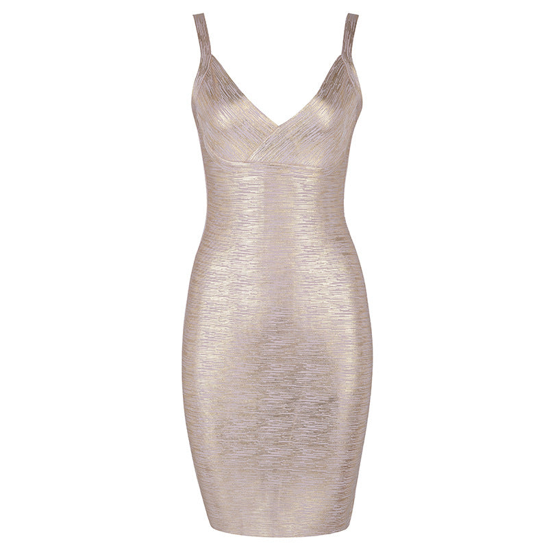 New Summer Women Clothes Bandage One Piece Dress Elegant Gold V neck Evening Dress Ladys