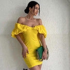 Spring Casual Vacation Tight Waist Slimming Sense Design Pleated Off Shoulder Hip Bag Dress Eping