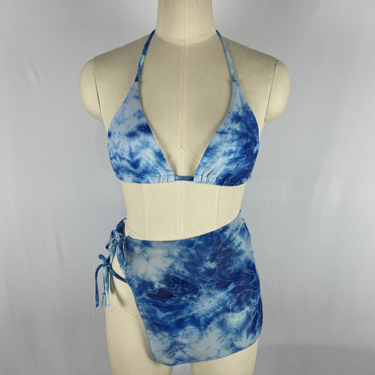 Traje de baño de tres piezas con falda de playa, traje de baño para mujer, bikini estampado.